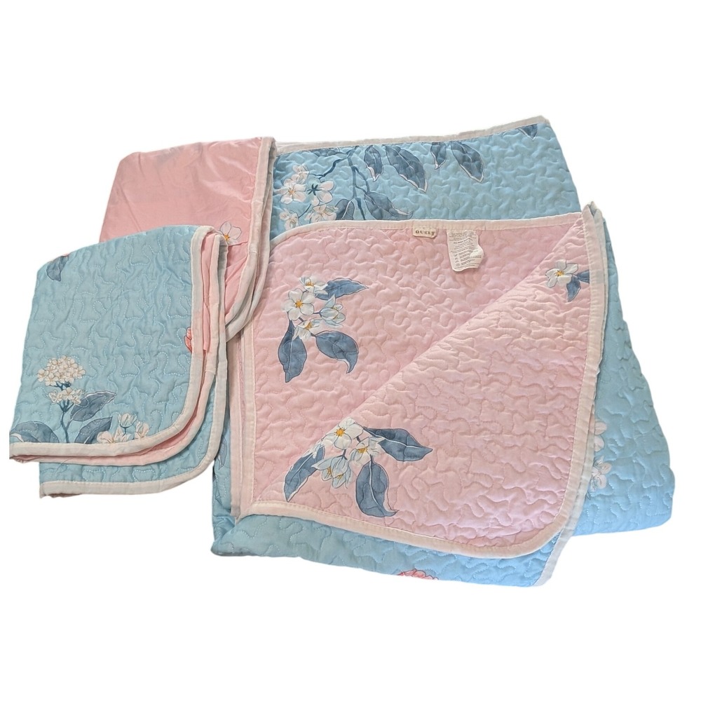 Reversible Quilted Floral Throw Blanket w/ 2 Shams Set Blue & Pink Queen 89"x85"
